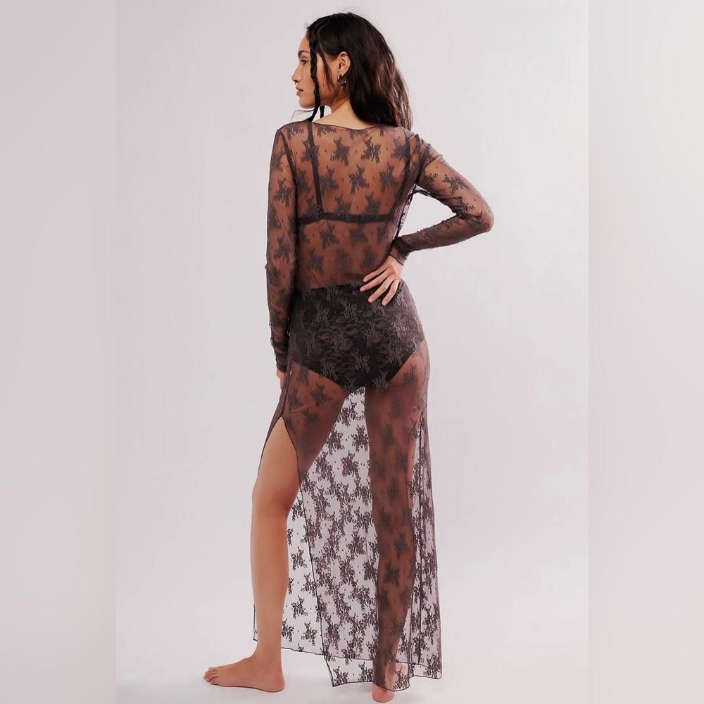 NWT Free People Dark Gull Grey Sheer Star Lace Maxi Dress Medium - Picture 3 of 12